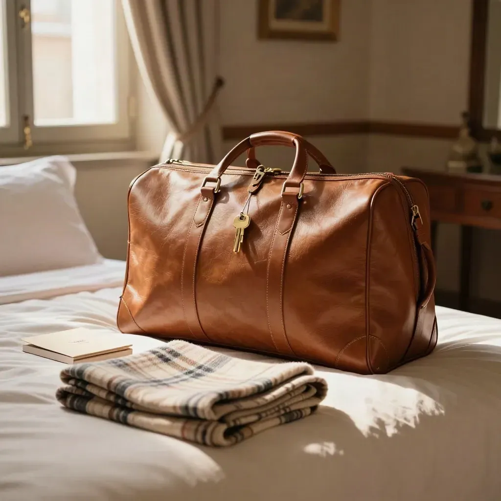 Valigia, borsa weekend, chiavi e plaid su letto d’hotel luminoso