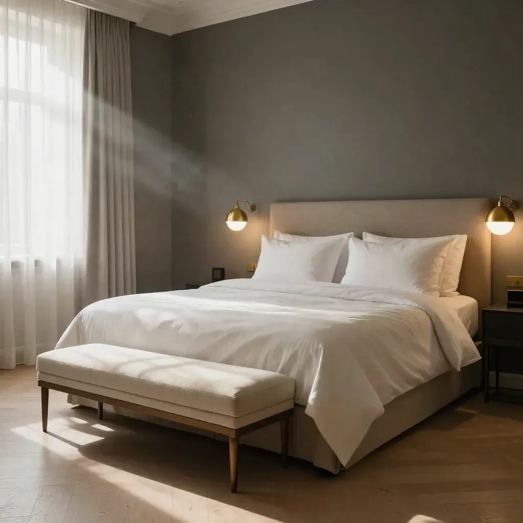 Camera matrimoniale elegante con letto grande, testiera in tessuto sabbia e lampade in ottone.