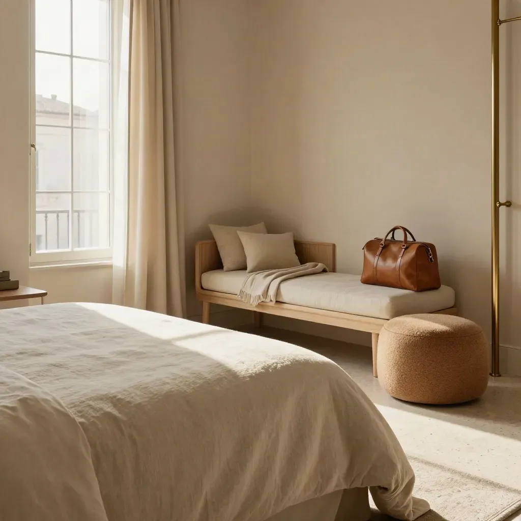 Camera familiare elegante con letto, daybed, pouf e finestra luminosa