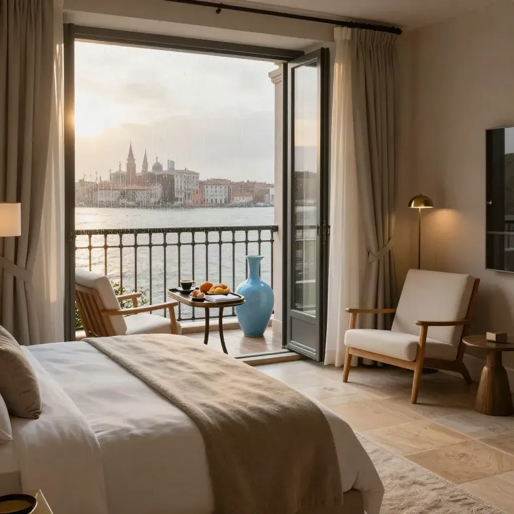 Suite doppia elegante con balcone, letto king size, poltrone leggere e skyline dopo la pioggia.