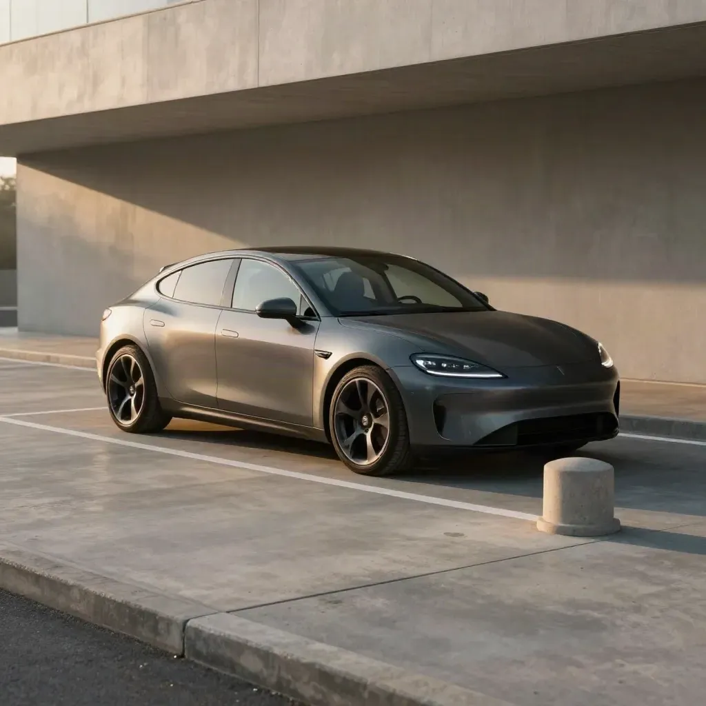 Auto grigio grafite nel parcheggio privato dell'hotel, luce drammatica e cemento liscio.