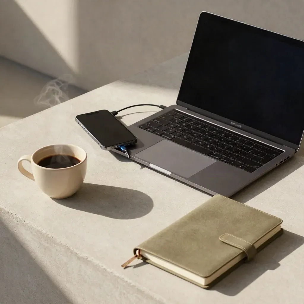 Flat lay di laptop chiuso, telefono in carica, caffè e taccuino su pietra chiara.