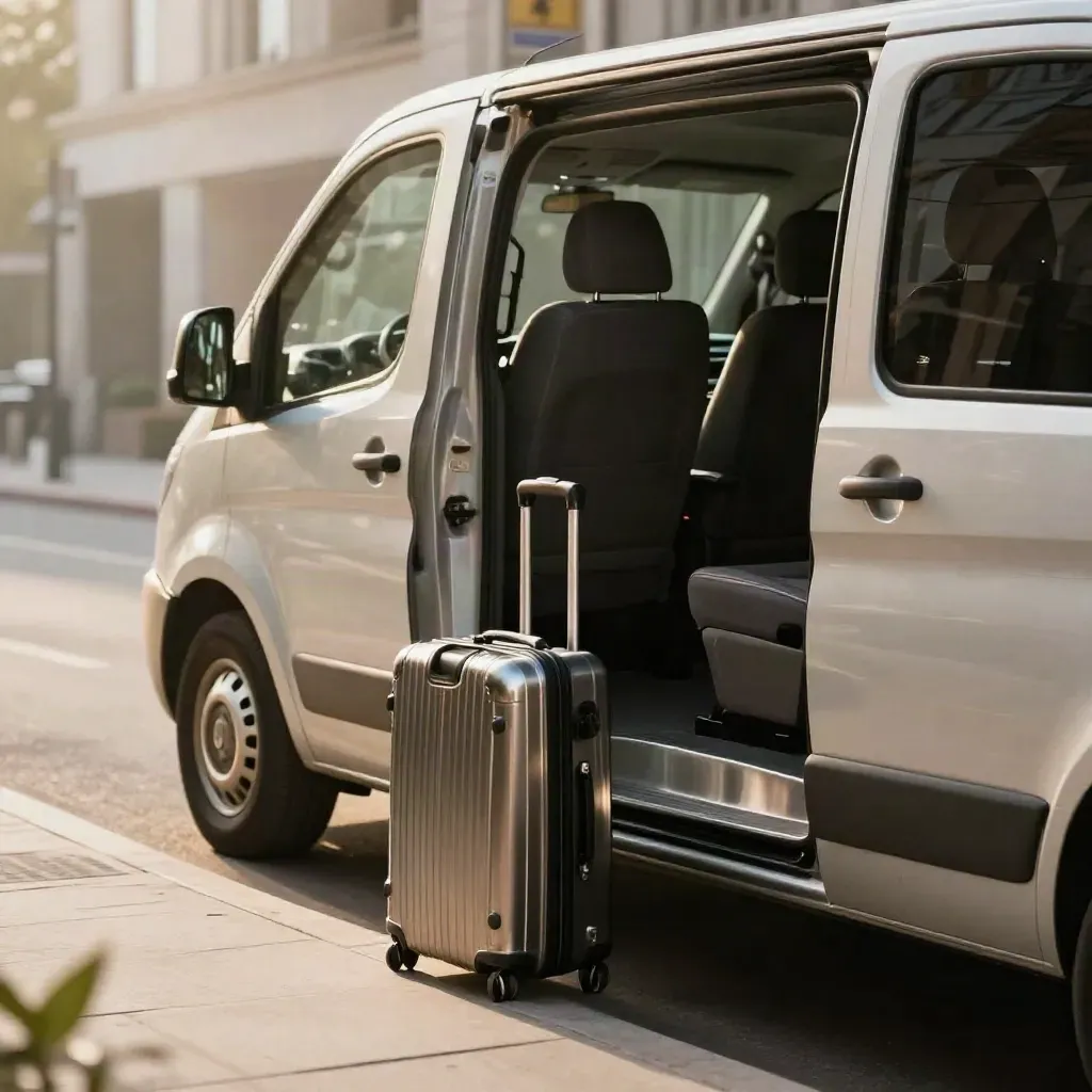 Van navetta aeroportuale con bagagli pronti alla partenza davanti all’hotel