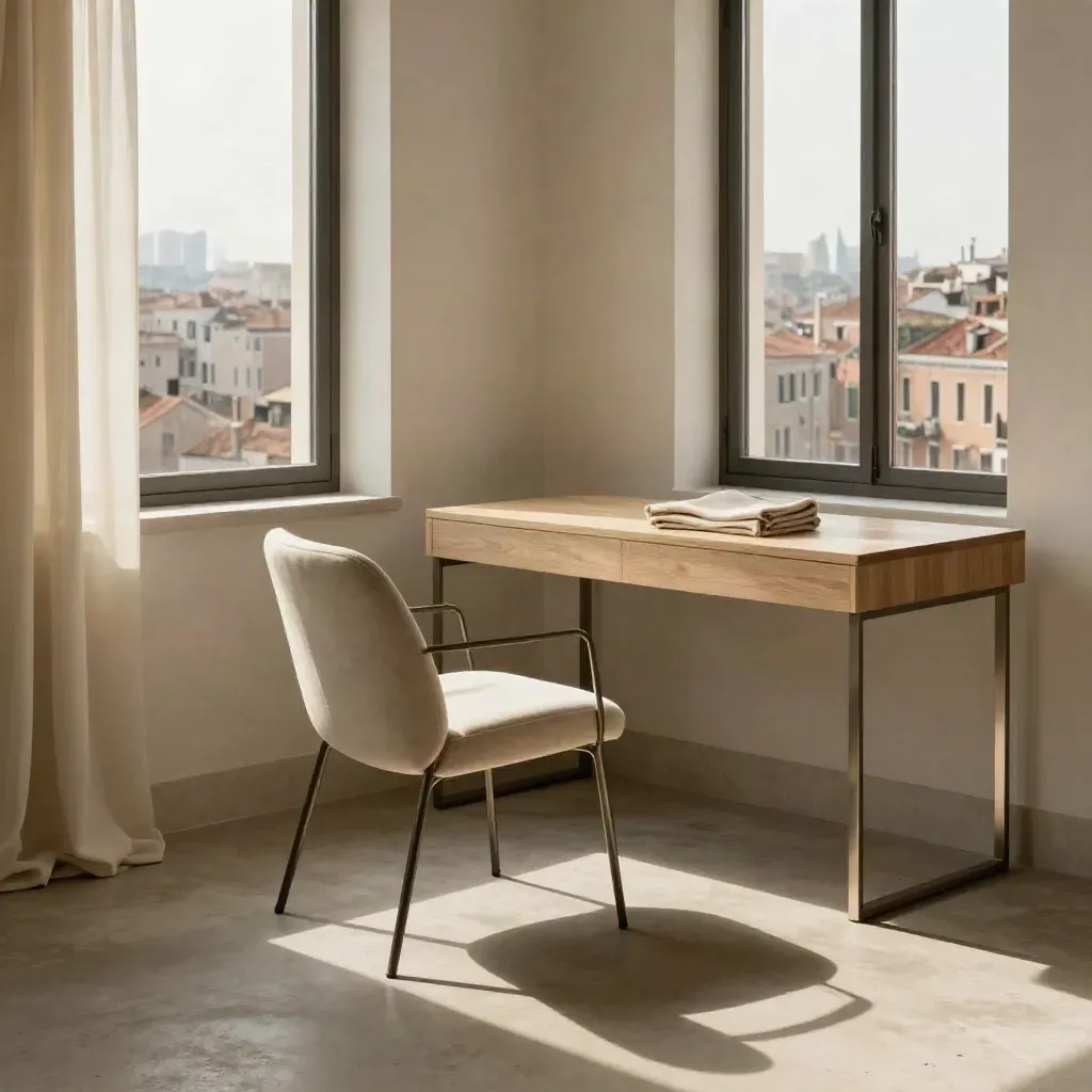 Suite d’angolo luminosa con poltrona chiara, scrivania minimale e skyline oltre le finestre.