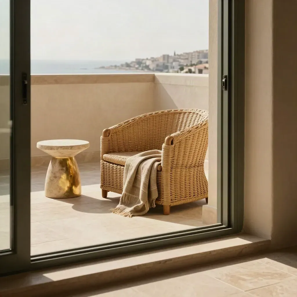 Suite con balcone, sedute intrecciate e tavolino in pietra, luce calda e raffinata.