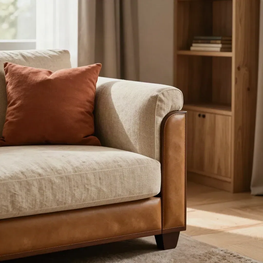 Dettaglio macro di una family room con divano letto, cuscini terracotta e pouf baule vicino alla finestra.