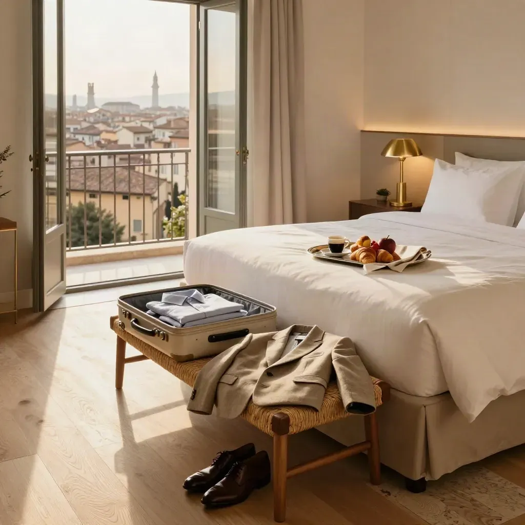 Camera ampia di camera d’hotel con valigia aperta, colazione e balcone su Verona