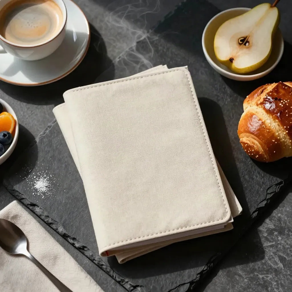 Menù colazione in lino con cappuccino, brioche e frutta su fondo scuro
