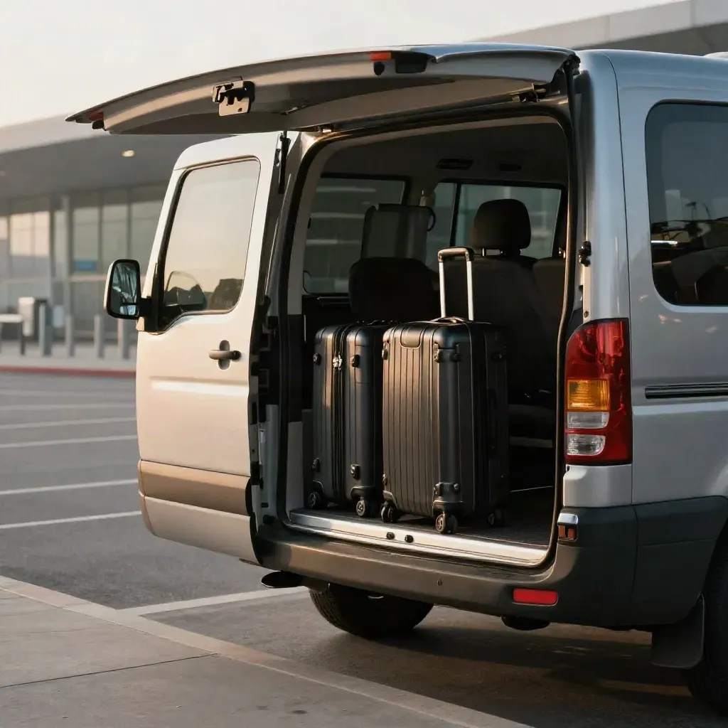 Navetta aeroportuale aperta con due trolley, vista tre quarti dal retro in una mattina luminosa.