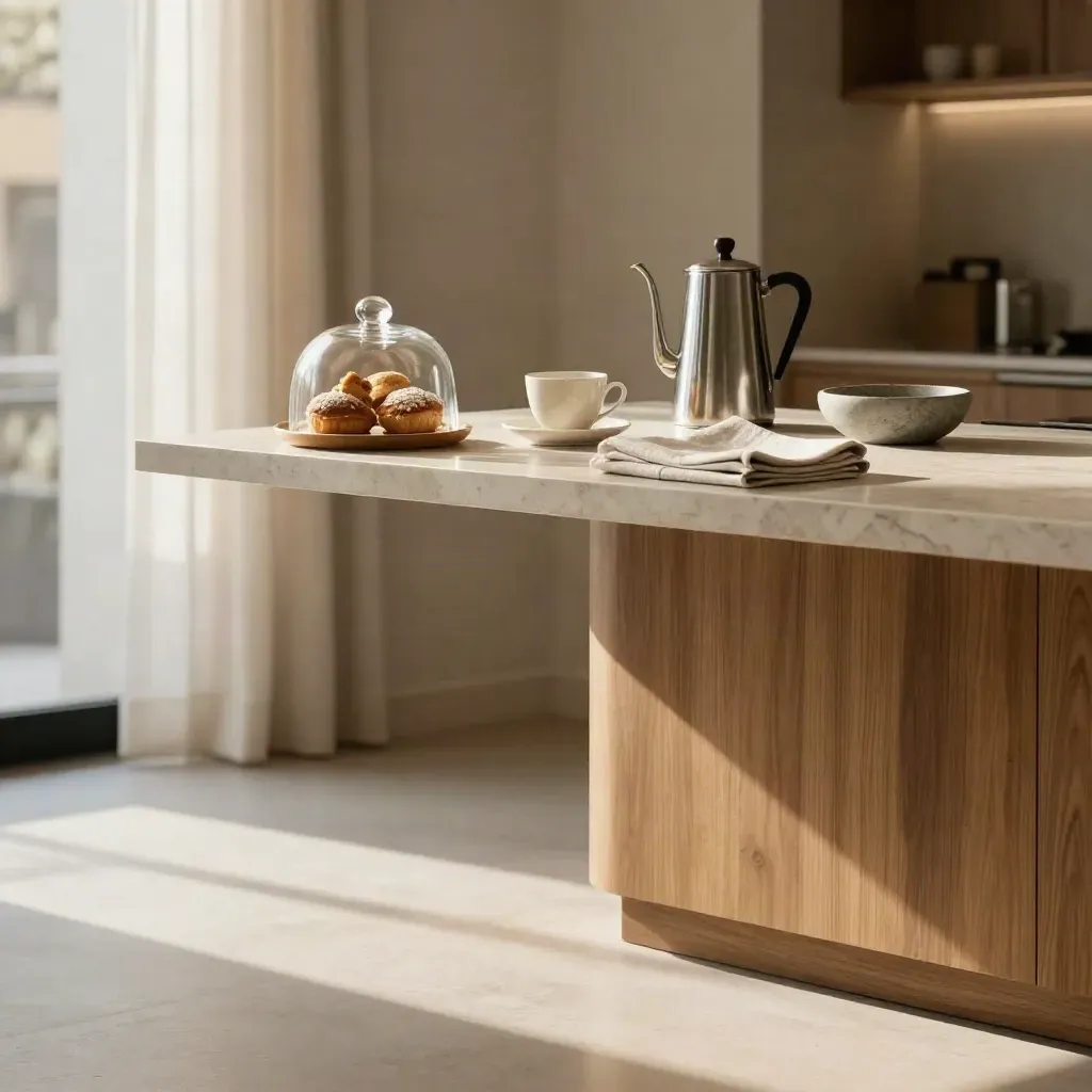 Sala colazione luminosa con marmo chiaro, tazze avorio e tessuti morbidi, atmosfera elegante.