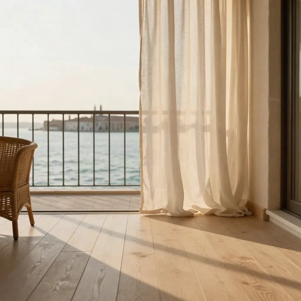 Terrazza suite con pavimento in legno chiaro, sedia intrecciata e luce dorata.