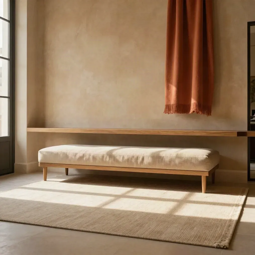 Camera ampia di una family room con finestra alta, panca imbottita, tappeto chiaro e parete sabbia in luce calda