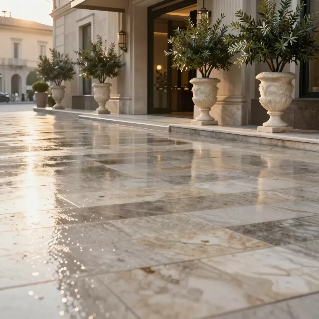 Ingresso dell’hotel dopo la pioggia, con vasi d’ulivo e riflessi dorati sulla pietra.
